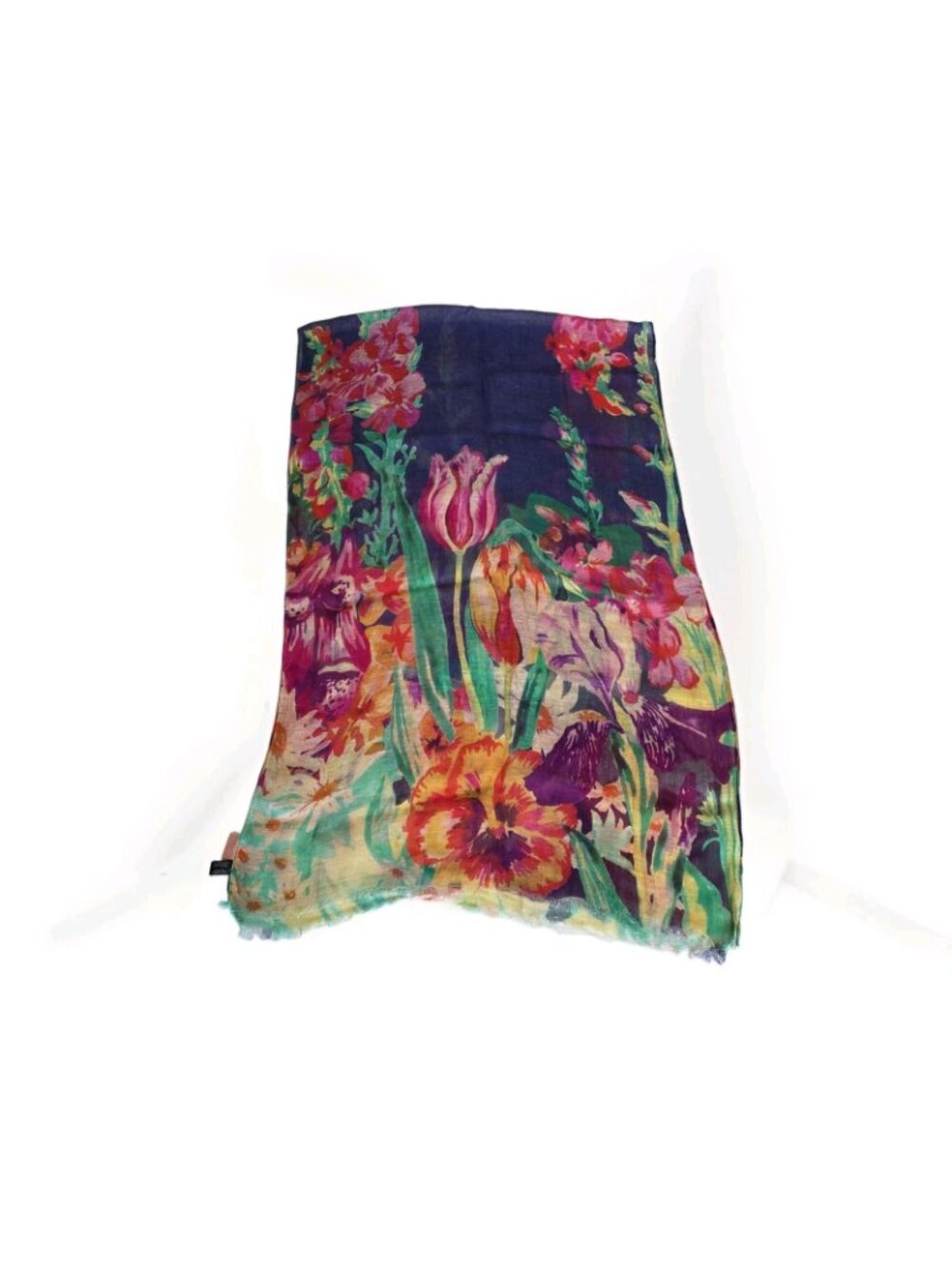 Powder UK 100% Linen Floral Scarf Wrap Purple Pink Watercolor Botanical Fringe - Picture 8 of 14